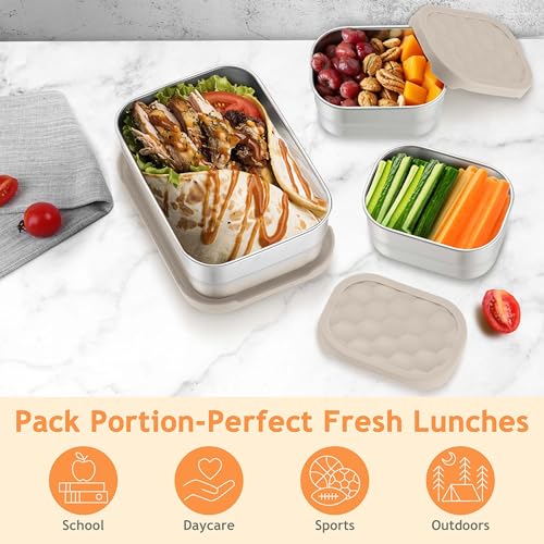 Homikit 3 Pack Kids Lunch Box Set, 18/10 Stainless Steel Bento Boxes with Silicone Lids Leak Proof, 5 Cups Reusable Metal Food Snack Containers for School Daycare, Nontoxic & Dishwasher Safe, Khaki - color: Khaki, size: Medium