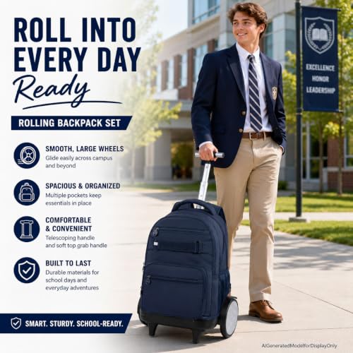 3Pcs Large Rolling Backpack for Teen Boys Men, 20 Inch Detachable Wheeled Bookbag with Lunch Box, Durable Oxford Cloth Roller Backpack for College School Travel (Blue) - color: Large Wheels Classic Blue