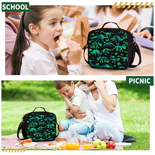 Dinosaur Lunch Box Dino Lunch Bag for Boys Kids Dinosaur Skeleton Printed Lunchbox Insulated Thermal Lunch Tote Bag with Water Bottle Holder for School Picnic - color: Dino