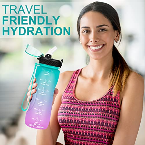 24 OZ Motivational Kids Water Bottle With Time Marker,Straw Lid,Leak Proof, Tritan BPA Free Sports Water Bottle Green-Purple(1 Lid) - color: Green Purple