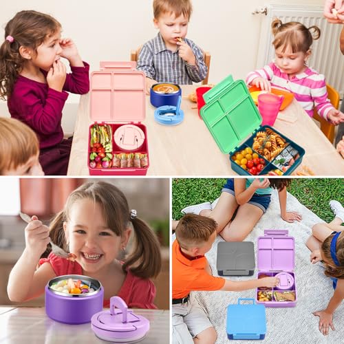 Bento Lunch Box for Kids with 8oz Soup Thermo,Kids Leakproof Lunch Food Containers with 4 Compartment,Kid Insulated Thermo Hot Food Jar for School,Trvael-Purple - color: Purple