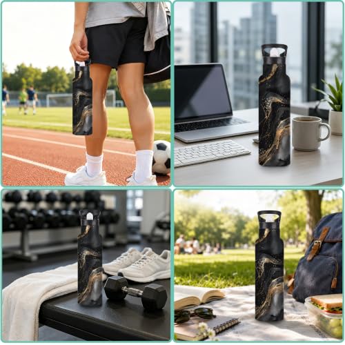 Water Bottles with Straw,Black Gold Marble Stainless Steel Cup Leak Resistant Double Wall Abstract Marble Insulated Water Bottle with Handle for Gym Cycling Hiking Office 20 oz - color: Black Gold Marble,Abstract Marble