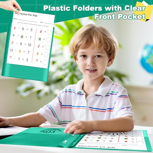 Henoyso 24 Pcs Plastic Folders with Clear Front Pockets and Prongs School to Home File Organizer Plastic Folder for Back to School Parent Teacher Communication Homework Office (Green) - color: Green