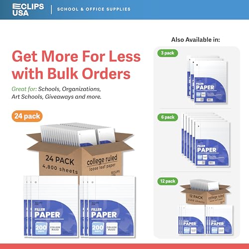 Loose Leaf Paper College Ruled Notebook Paper College Ruled Lined Writing Filler Paper 10.5” x 8” 4800 Sheets 200 Sheets Per Pack 60 gsm (24 Pack) - size: 24 Pack