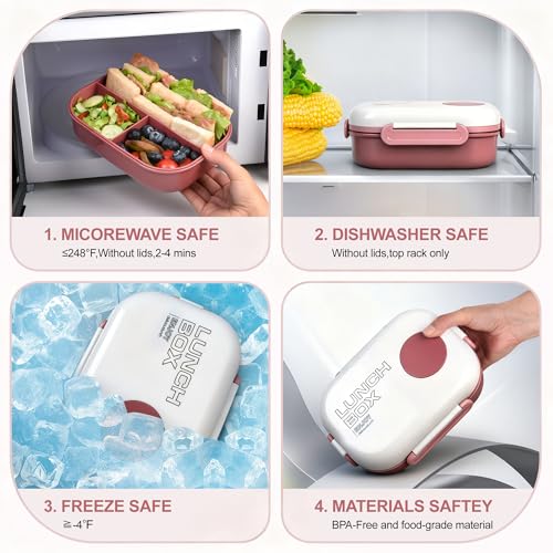 Lunch Box for Women, Kids & Men, Leak-Proof 3-Compartment Bento | Insulated bag, utensils & sauce container included; BPA-free; Microwave & dishwasher safe; Ideal for school, work & travel. - color: Red