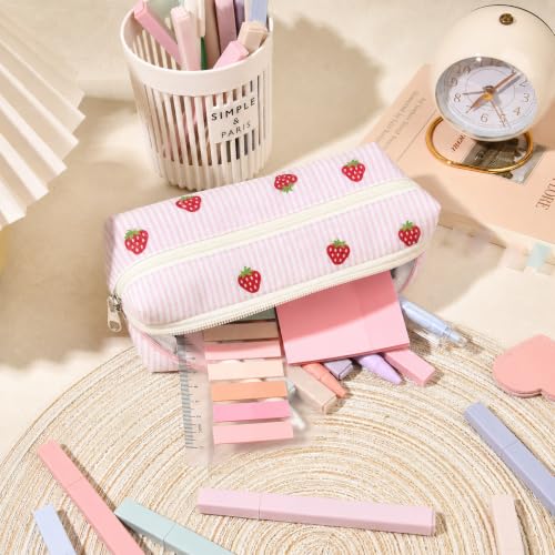22Pcs Book Annotation Kit Aesthetic Pencil Case with Supplies School Annotation Supplies Gel Pen Transparent Sticky Note Taking Bible Study College Stationery Supplie (Pink Strawberry) - color: Pink Strawberry