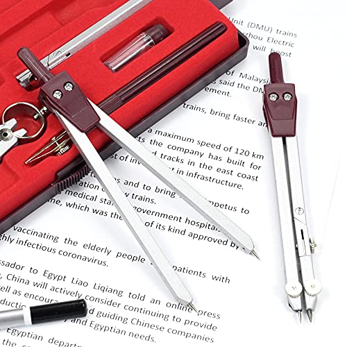 UNJOO 9Pc Geometry Set Metal Compass, Geometry Precision Tool (Red) | Circle Drawing Tool and Architecture, Drafting Kits for Engineer with Shatterproof Storage Box