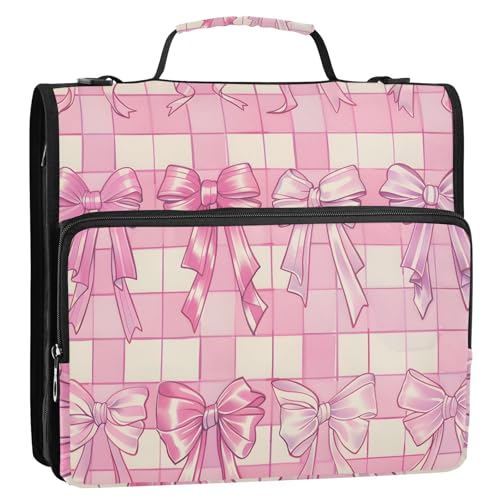 3 Ring Zipper Binder with Shoulder Strap Bow Tie Pink Buffalo Plaid 1.5 inch Binders Keeper Large Capacity Multi Pockets for School Office Supplies - color: Multi471, size: Fit 500 Sheets