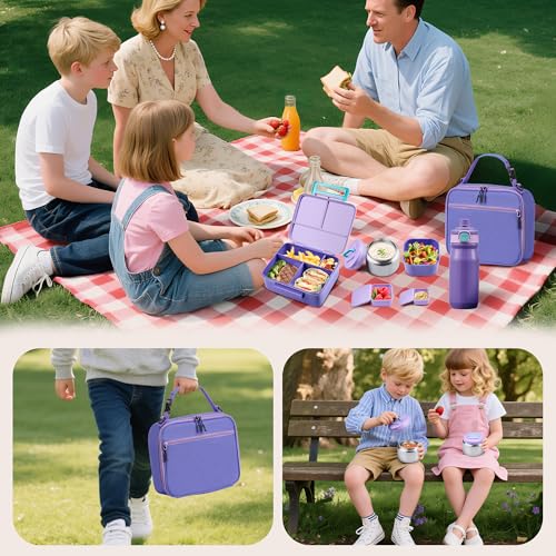 Bento Lunch Box for Kids with Thermo, Leakproof Bento Box with 8oz Insulated Food Jar, Insulated Bottle, Lunch Bag, BPA Free Dishwasher Safe 4 Compartment Container for School Girls Boys (Purple) - color: Purple