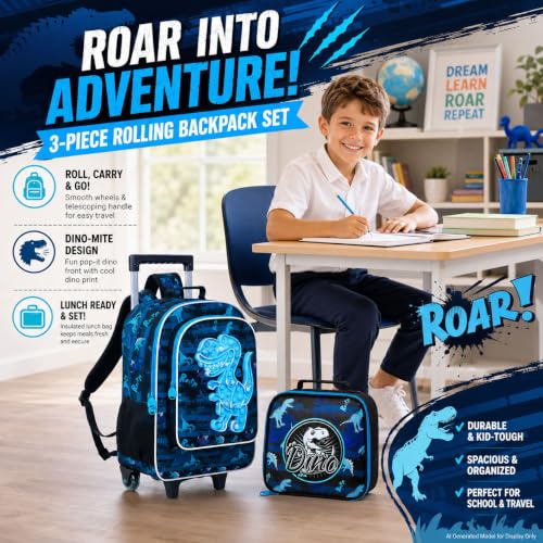 AGSDON 3PCS Rolling Backpack Boys, Kids Roller Wheels Bookbag, Wheeled School Bag with Lunch Bag - Dinosaur Bule - color: Blue