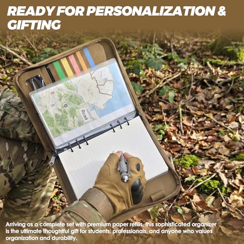 Tactical Notebook Cover, A5 Padfolio 6 Ring Binder with Big Back Pocket & Hand Strap, Zippered Hardcase Planner for Journal, College, Office, Field (Khaki, A5(7.3 x 10 inches)) - color: Khaki, size: A5