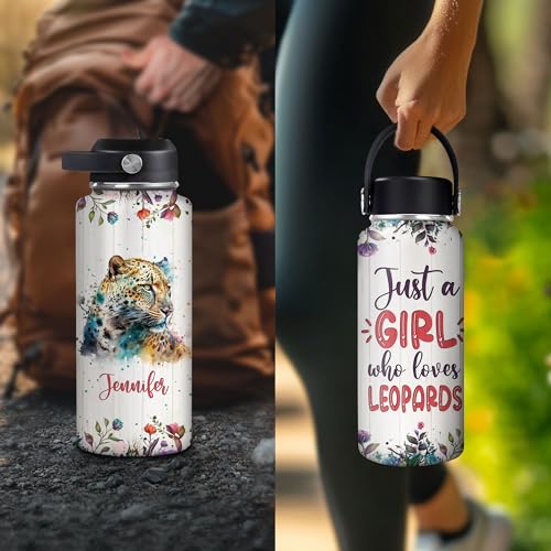 Hyturtle Personalized Leopard Water Bottle - Insulated Stainless Steel Bottle with Leak-Proof Lid 18oz 32oz - Animal Lover Gift for Women, Girls, Leopard Lovers - Birthday & Christmas Gift - color: Leopard