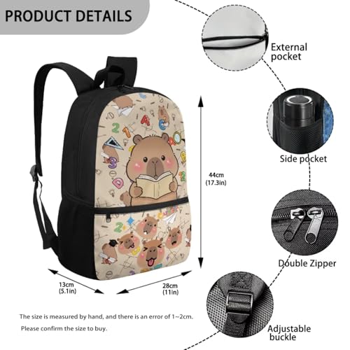 Cute Capybara Kids School Backpack Set Large Capacity 5 Pieces with Lunch Bag Pencil Case and Water Bottle Holder for Girls and Boys - color: Cute Capybara