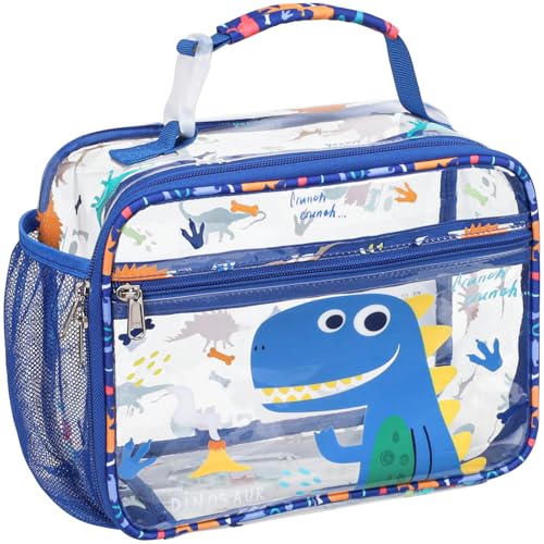 Bagseri Clear Kids Lunch Bag - School Snack Bag with Bottle Holder | Side Pocket, Buckle Handle, Wide Opening, PEVA Lining, School Boys Lunch Box, Clear Toy Bags, Blue Dinosaur - color: B-blue cute dinosaur