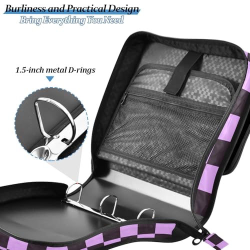 Boccsty Black Purple Checker Zipper Binder 3 Ring Binders Expanding File Folder Multi-Pocket Zipper Binder Organizer for School Shoulder Strap and Handle