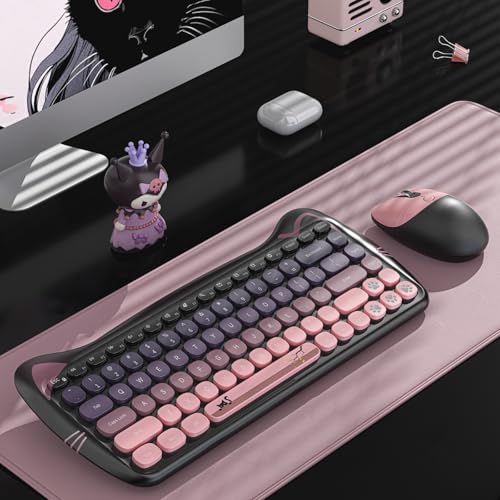Cute Cat 2.4G USB Wireless Keyboard and Mouse Combo, Silent Keys, Candy Colors, Compatible with Notebook, PC (BlackPink-84Keys) - color: BlackPink-84Keys