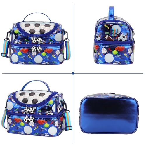 RHCPFOVR Kids Lunch Bag - Double Decker Cooler Insulated Lunch Box for Boys Girls Washable Lunch Bag and Reusable Toddler Lunchbox for School and Daycare - color: Blue Football
