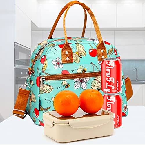 FlowFly Insulated Lunch Bag With Shoulder Strap for Women, Men, and Kids, Large and Reusable, Handle, Freezable Work and School Travel Tote and Meal Prep Organizer,Turquoise Cherry - color: Turquoise Cherry