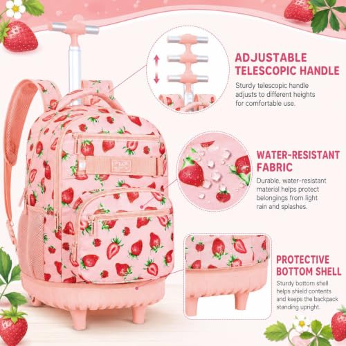 HPJGD Rolling Backpack for Girls, Womens Strawberry School Backpacks with Wheels, Water-Resistant Roller Kids Wheeled Bookbag Set with Lunch Box - color: Pink Strawberry Rolling Set