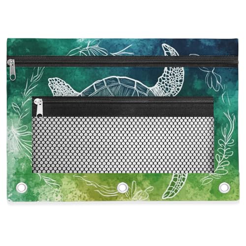 Sea Turtle Pencil Pouch for 3 Ring Binder Teal Green Pencil Case Bag with Clear Window Zipper Pockets for Kids Girls Boys Students School College Supplies 2 Pack - color: Teal Green