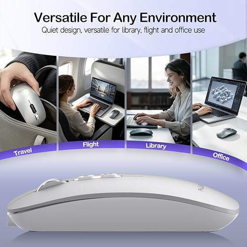 FMOUSE Slim Wireless Mouse, Tri-Mode 2.4G/Bluetooth, Rechargeable – Silver | USB-A & USB-C Receiver | Silent Click | One-Key Desktop | Works with Mac, iPad & Laptops | Long-Life Battery | Portable - color: Silver