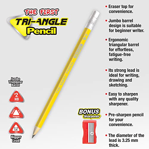 BAZIC PRODUCTS The First Triangle #2 Pencils, Sharpener, 3 Count, 2-Pack | 3.25 mm HB lead, Jumbo triangular barrel, eraser top, bonus sharpener, beginners, preschool, early grades - size: 2-Pack