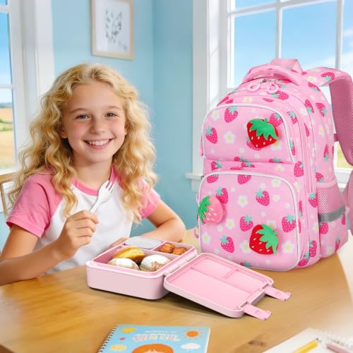 Kids Backpack for Girls 4-8, Cute 3D Plush Strawberry Toddler Backpack with 34oz Lunch Box, Insulated Bag, Pen Case & Utensils, School Bookbag for Preschool Kindergarten Elementary Student - color: Strawberry
