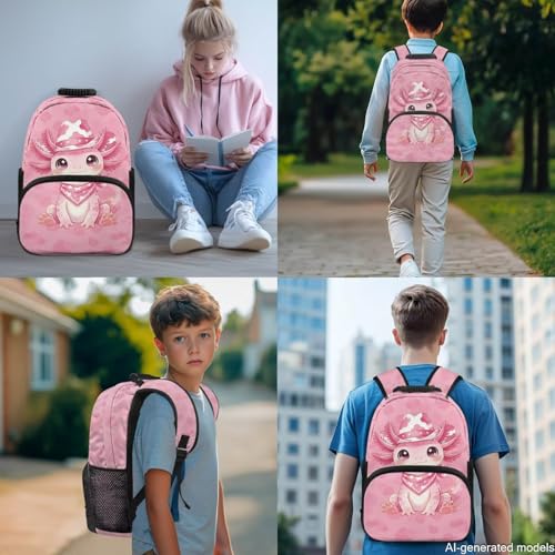 Pink Cowboy Axolotl Backpack Set for Girls 6-12, Elementary Kids School Bookbag with Insulated Lunch Box, Pencil Case & Water Bottle Holder for Back to School - color: Pink Cowboy Axolotl