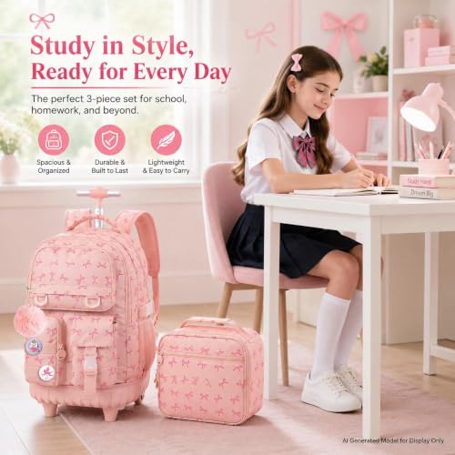 WZLVO 3PCS Rolling Backpack for Girls, Water Resistance Roller Bookbag, Women Aesthetic Wheeled School Bag Set with Lunch Box & Pencil Bag for Teens & Kids - Pink Bow - color: 3pcs Girls Rolling Backpack - Pink Bow