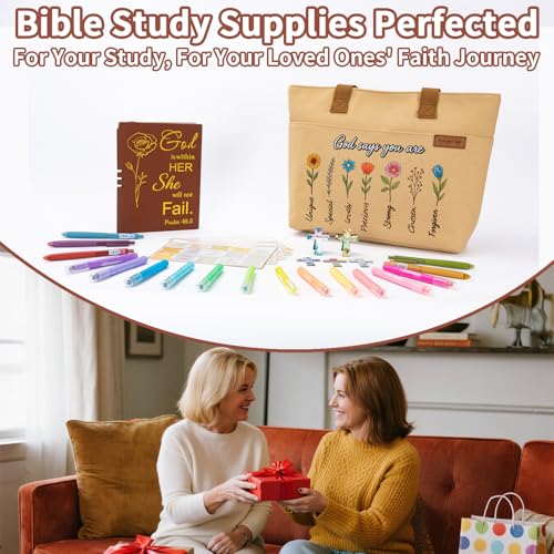 25 PCS Bible Study Supplies Kit, Large Capacity Canvas Tote Bag for Women Organizer, Bible Highlighters and Quick Dry Pens No Bleed Through Tabs, Christmas Christian Gifts for Women Mom Friends - color: Khaki