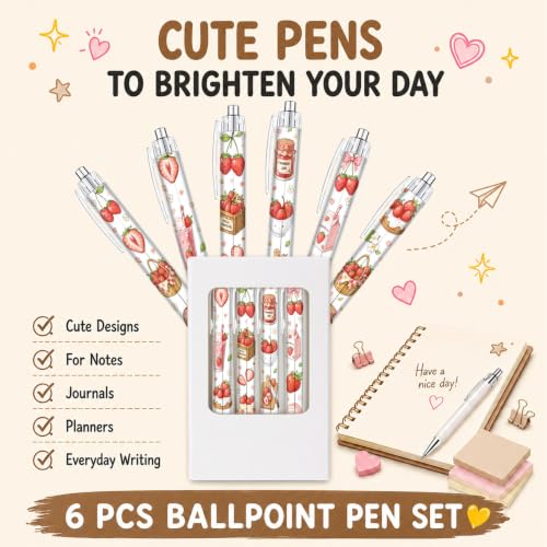 6 Pcs Cute Strawberry Pens for Girls Teens, Kawaii Fruit Ballpoint Pen Set, Aesthetic School Supplies, Teacher Gifts, Classroom Rewards, Cute Office Accessories