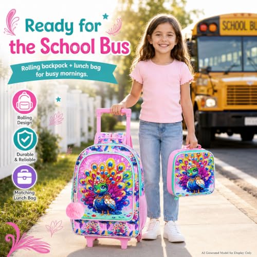 3Pcs Rolling Backpack for Girls, Peacock Roller Bookbag with Lunch Box, Kids School Backpacks with Wheels for Elementary Preschool(Pink) - color: Peacock Pink
