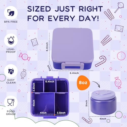 Bento Lunch Box for Kids with 8oz Thermo Containers for School,Camping | Vacuum Insulated Food Jar,Leakproof Silicone-Seal,5 Compartments with Dividers,Dishwasher & Refrigerator Safe,BPA-Free - color: Purple
