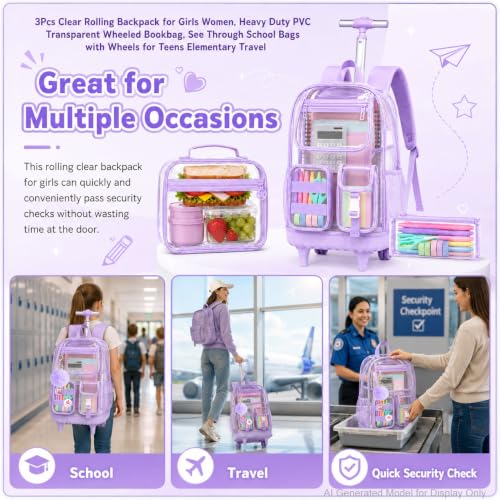 WZLVO Clear Backpack Rolling Backpack for Girls Women, Heavy Duty PVC Transparent Bookbag, See Through Wheeled Backpacks Set for Teens Elementary Travel - Purple - color: Purple