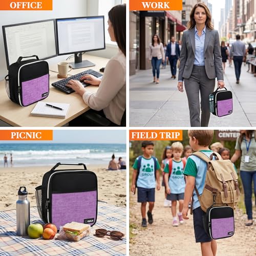 opux Insulated Lunch Bag for Kids Girls, Small Compact Lunch Box with Wide Opening & Mesh Pockets, Reusable Lunch Pail for School, Work, Adults, Women, Heather Purple - color: Heather Purple
