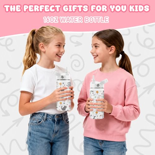 Cat Gifts for Kids, 16oz Cat Water Bottle with Straw Lid, Stainless Steel Insulated Tumbler for Girls, Cats Lovers Present for Kids Teen Girls Boys Women - color: Cat