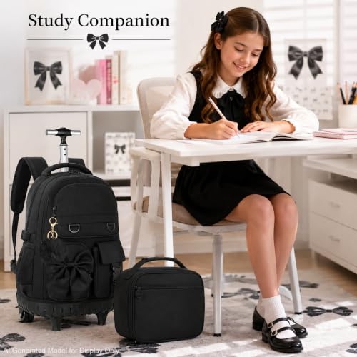 HPJGD 3PCS Girls Backpack with Wheels, Black Bow Tie Roller School Backpacks, Water-Resistant Rolling Wheeled Bookbag Set - color: Black Bowknot Rolling Backpack Set