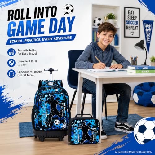 AGSDON Rolling Backpack for Boys, Men Roller Wheels Bookbag,Wheeled School Bag with Wheels for Teens-Soccer - color: Soccer