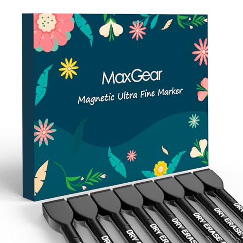 MaxGear Magnetic Dry Erase Markers, 0.5 mm Ultra Fine Tip, 8 Count, Black | Magnetic Extra Fine Tip Whiteboard Marker with Built-in Eraser, Low Odor Ink for Whiteboard Use at Home, Office and Classroom