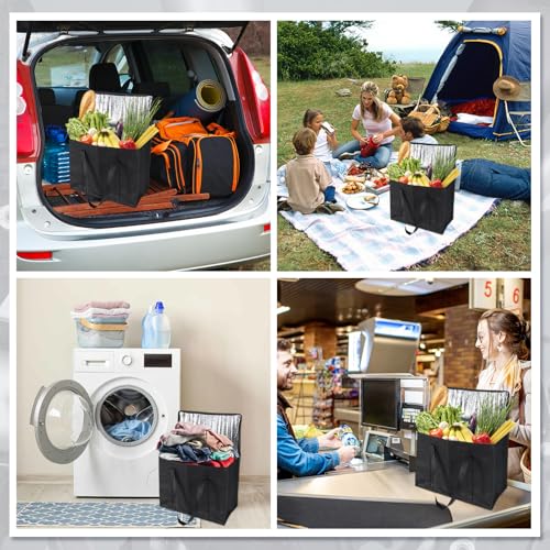 3Pcs Insulated Grocery Shopping Bag, FHDUSRYO 40L Large Black Food Delivery bags, Durable Thermal Cooler Bags with Handles and Bottom Plates, Reusable Lunch Container for Catering Grocery (43x26x33cm)