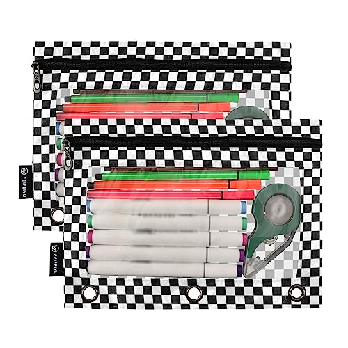Fisyme Checker Plaid Pattern Pencil Pouch for 3 Ring Binder Pencil Case Pencil Bag Zipper Pouch with Clear Window for Office Supplies 2 Pack - color: Multi-12