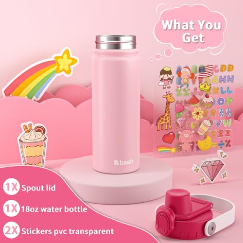 baab 18oz Kids Water Bottle, Insulated Kids Water Bottle with Lockable Spout Lid & Stickers, 18/8 Stainless Steel Vacuum Leakproof Kid Water Cup for Boy Girl School (White+Pink, 2 Pack) - color: White+Pink, size: 18 Ounces