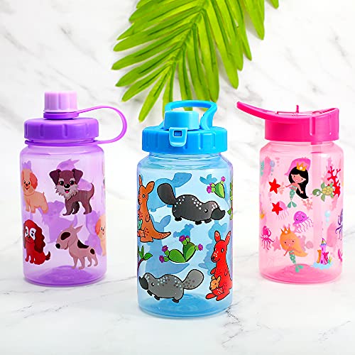 3 Pack 16oz Kid Water Drinking Bottle - BPA Free, Flip Straw Cap, Carry Loop, Chug Lid, Wide Mouth, Lightweight, Leak-Proof Water Bottle with Cute Design For Girls & Boys - Mermaid & Animals - color: Mermaid & Animals