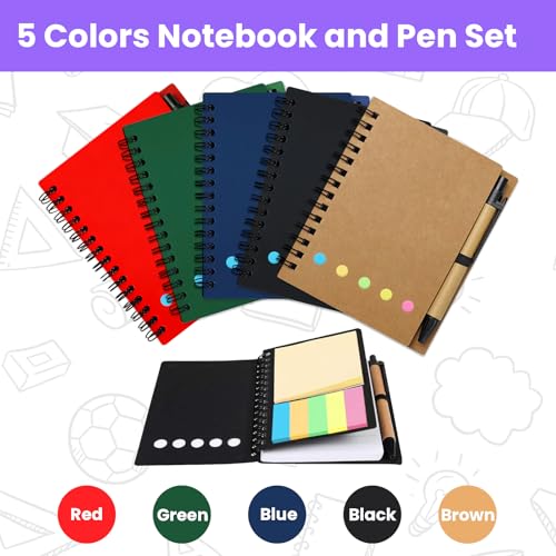 5 Pack Spiral Notebooks with Pen Set, 60 Sheets/120 Pages Lined Small Pocket Notebook and Pen Set Bulk Journals with Sticky Notes for Business Office School, 5 Colors (5)