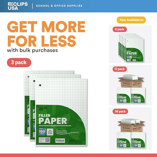 Graph Paper Loose Leaf Paper Quad Ruled Notebook Paper Quad Ruled 4” x 4” Square Lined Writing Filler Paper 10.5” x 8” 450 Sheets 150 Sheets Per Pack 60 gsm (3 Pack) - size: 3 Pack
