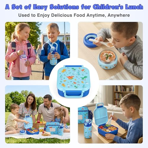 Bento Lunch Box for Kids with 7oz Soup Thermo,Insulated Stainless Steel Kids Water Bottle with Straw and Insulated Lunch Bag,Leak-Proof Lunch Food Container with Ice Pack for School(Blue-Dinosaur) - color: Blue-Dinosaur
