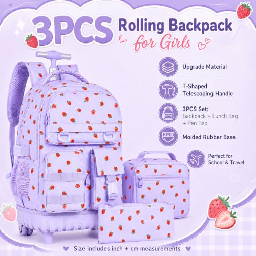 WZLVO 3PCS Roller Backpack, Water Resistance Girls Wheeled Bookbag, Women Aesthetic Rolling School Bag Set with Lunch Box & Pencil Bag for Teens & Kids - Purple Strawberry - color: 3pcs Girls Rolling Backpack - Purple Strawberry