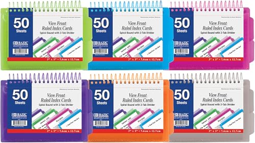 BAZIC Products View Front Spiral Index Cards w/Divider, 3 x 5 in, 6-Set | perforated tear-out, spiral-bound ruled index cards, poly view-front cover, 2-tab dividers - color: 50 Sheets, size: 6-Pack