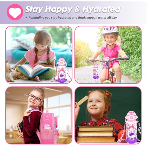 Kids Water Bottle with Straw/Lanyard for School Kids Girls Boys, 22oz BPA Free Child Drinking Water Bottle One-Click-Open Leak-Proof Locking Flip Lid for School Sport Travel - color: H10. Flower Fairy