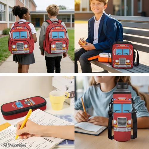 Classic Fire Truck Backpack for Boys Girls Kids Backpack with Lunch Box Water Bottle Pouch and Zipper Pencil Case 4PCS Set Bookbag with Pockets for School 17 inch Large Capacity School Bag - color: Classic Fire Truck